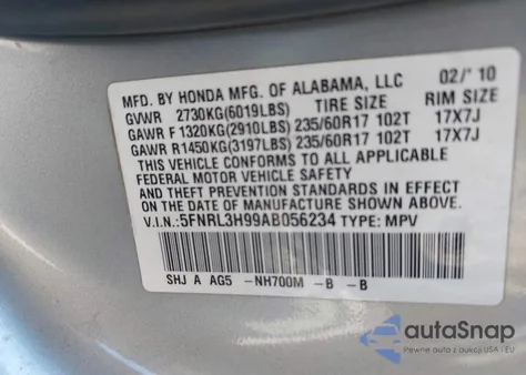 2010 Honda Odyssey Touring from USA, damaged, VIN 5FNRL3H99AB056234